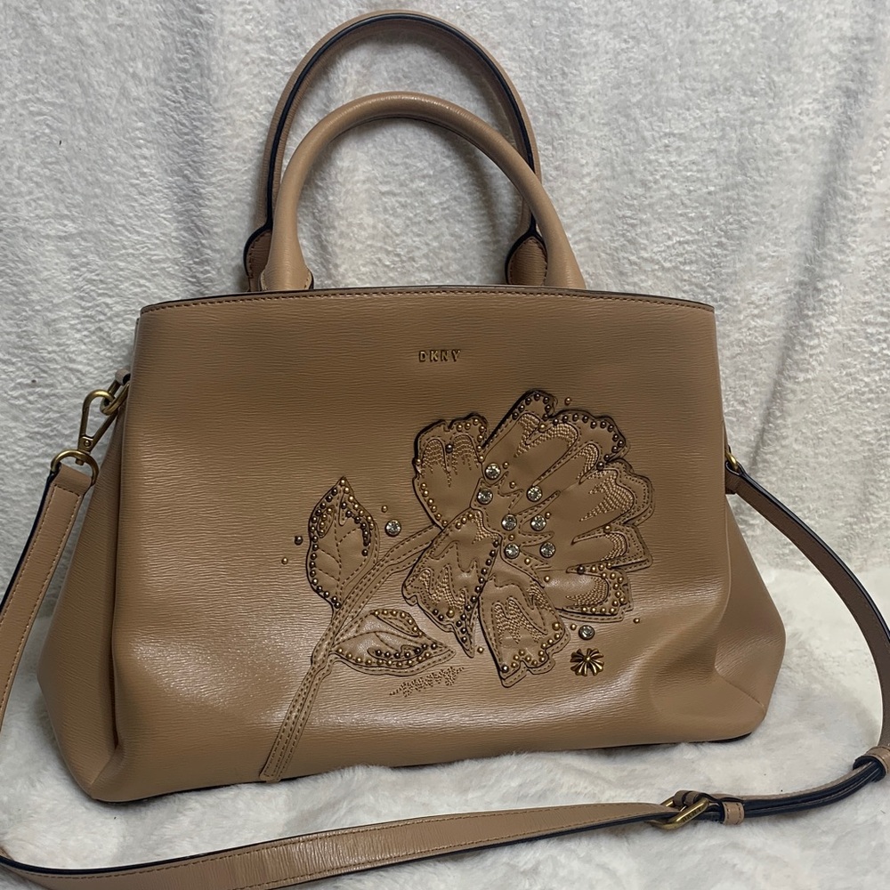 DKNY Tan Leather Satchel with Embellished Floral Applique